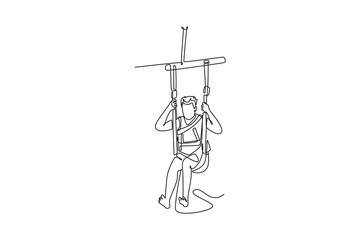 Single one line drawing young man is parasailing, suspended high above water, holding bar firmly, thrill and airborne freedom of extreme sport. Continuous line draw design graphic vector illustration