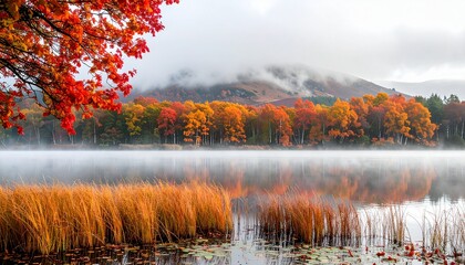 Fototapeta premium Fiery Fall Foliage Over a Misty Loch in Scotland's Loch Lomond