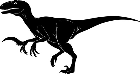 Velociraptor silhouette. This image shows a black silhouette of a Velociraptor, a small, agile predator dinosaur from the prehistoric era. Vector clipart illustration design
