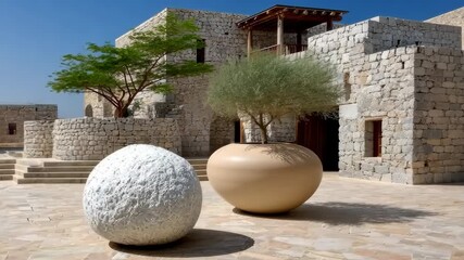 Exploring beautiful stone architecture and modern landscaping in a sunny outdoor setting with unique planters and vibrant greenery