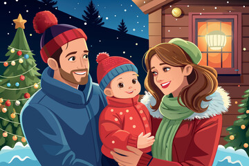 Happy family celebrating christmas outdoors in the snow