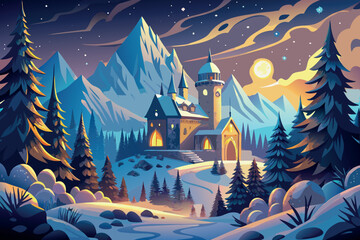 Enchanting winter castle nestled among snowy mountains under a starry sky