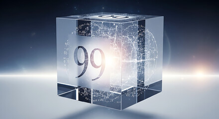 Number 99 etched into a floating glass cube filled with rotating mathematical diagrams, surreal minimalistic background