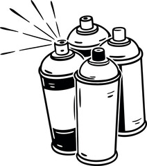 Group of Spray Paint Cans. Graffiti Art Tools Outline Vector Illustration.