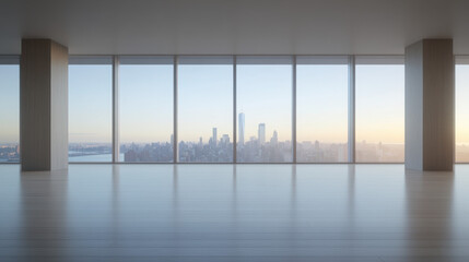 An empty room in a high-rise building with a view through a glass wall