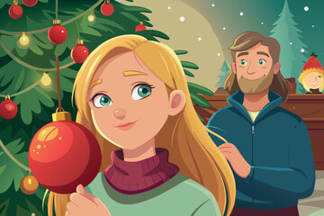 Happy family decorating christmas tree together