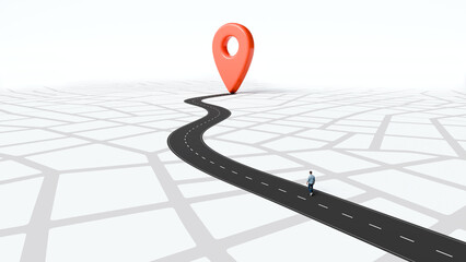 Man walking on a curved road toward a large red map pin location marker, direction, focus, journey, purpose, goal, achievement, 3d render