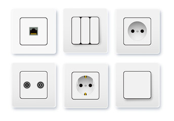 Realistic socket and switch. Interior wall outlets or electric connectors. Switches and sockets set Different square types. Vector