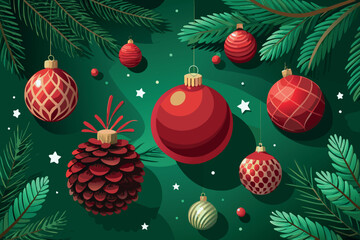 Festive christmas ornaments and pine branches on a dark green background