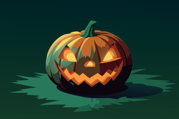 Spooky jack o lantern glowing with inner light on dark background