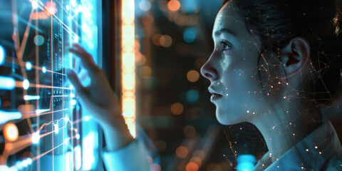 woman and artificial intelligence interface, digital future