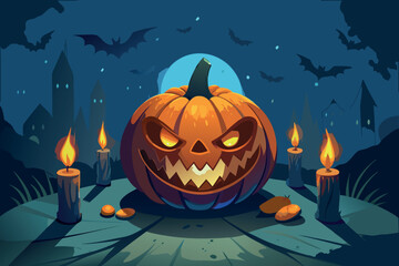 Spooky jack o lantern with bats and candles on halloween night