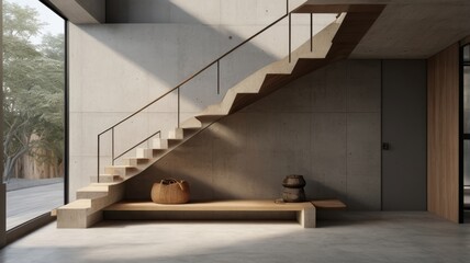 Obraz premium Modern Concrete Staircase with Woven Basket and Wooden Bench