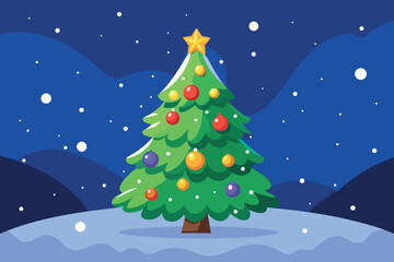 Festive christmas tree under snowy night sky