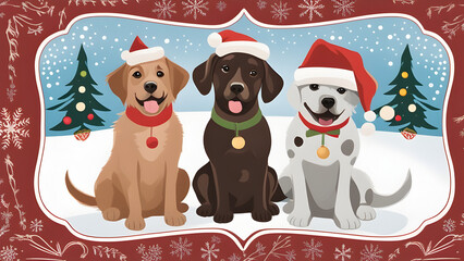 Cheerful, festive holiday illustration featuring three dogs sitting side-by-side, all wearing Santa hats.