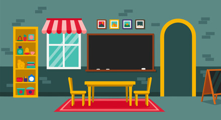 Flat design vector illustration of a cozy empty room interior, featuring a blackboard, table, and chairs, suitable for educational or cafe background visuals © PDWN Creative