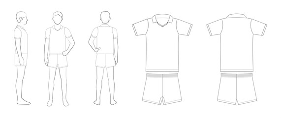 メンズバレーボールユニフォームのテンプレート（半袖・襟付き・ハーフパンツ・前・後・横・平面図）Men's Volleyball Uniform Template &ndash; Short-Sleeve Polo Shirt with Half Pants, Front, Back, Side & Flat Views
