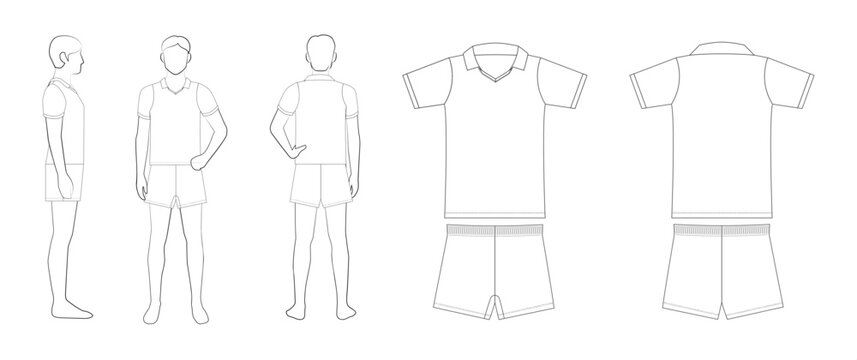 メンズバレーボールユニフォームのテンプレート（半袖・襟付き・ハーフパンツ・前・後・横・平面図）Men's Volleyball Uniform Template &ndash; Short-Sleeve Polo Shirt with Half Pants, Front, Back, Side & Flat Views
