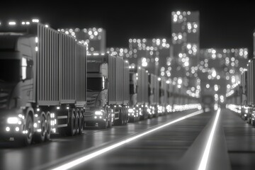 Futuristic highway illuminated by city lights with rows of container trucks symbolizing modern transportation logistics and supply chain efficiency in a digital urban landscape