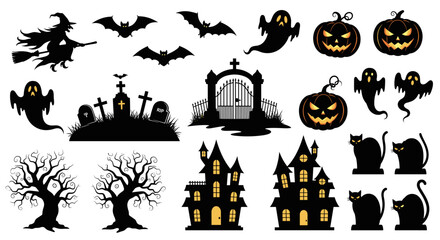 Fototapeta premium A comprehensive vector set of classic Halloween silhouette icons, including spooky haunted houses, ghosts, and black cats