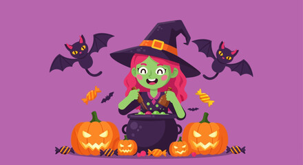 Fototapeta premium Enchanting Halloween scene with a whimsical witch, festive pumpkins, and playful bats creating a