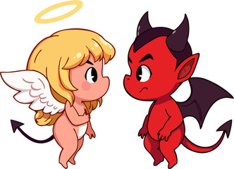 Chibi Baby Angel and Devil Cartoon Vector Illustration – Cute Fantasy Character Duo with Halo, Wings, and Tail, Isolated on White