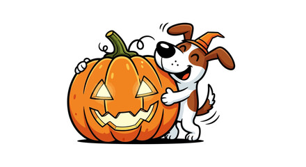 Adorable cartoon dog hugging a cheerful halloween pumpkin filled with spooky enchantment