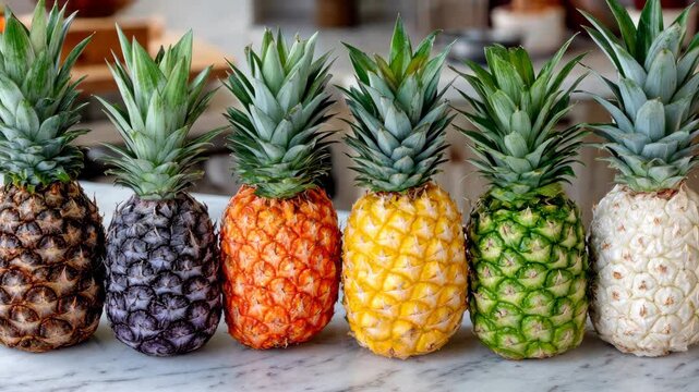 Unique pineapples of different colors displayed in a bright kitchen on a marble countertop showcasing their beauty and variety