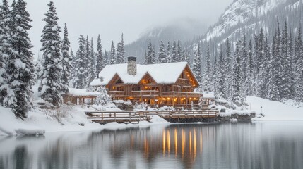 Snowy chalet by a serene lake, nestled in a wintry forest