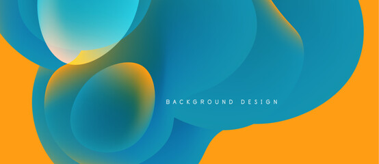 Abstract fluid shapes blend, creating vibrant orange, blue gradients. Modern design evokes movement, energy, visual appeal. Background text reads background design.