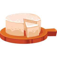 Round light brown cheese with a slice cut out resting on a wooden cheese board with a handle on a white background