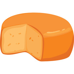 Round orange cheese wheel with a slice cut out revealing the textured inside with a transparent background in a studio setting