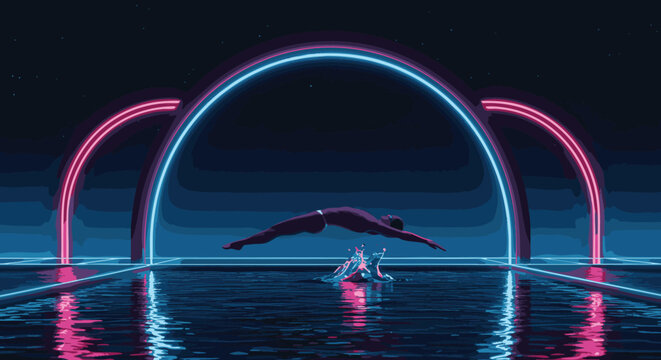 Neon Swimmer Dive A Futuristic and Artistic Pool Scene with Glowing Arches, Blue and Pink Tones