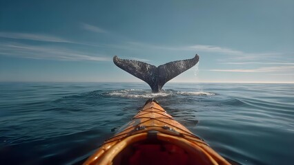 Fototapeta premium From an orange kayak, a whale tail fluke rises above the calm sea, spray sparkling in the sunlight. Concept Whale Tail Fluke, Orange Kayak, Sunlit Spray, Calm Sea, Ocean Adventure