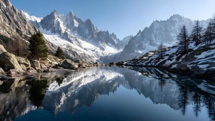 Snowy jagged mountains surround a calm alpine lake, its mirror-like surface reflecting the peaks, trees and blue sky. Concept Snowy jagged peaks, Alpine lake reflections, Mirror-like water