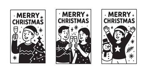 Joyful people celebrating Christmas toasts with festive cheer and sparkling drinks, spreading holiday spirit in charming illustrations