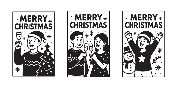 Joyful people celebrating Christmas toasts with festive cheer and sparkling drinks, spreading holiday spirit in charming illustrations