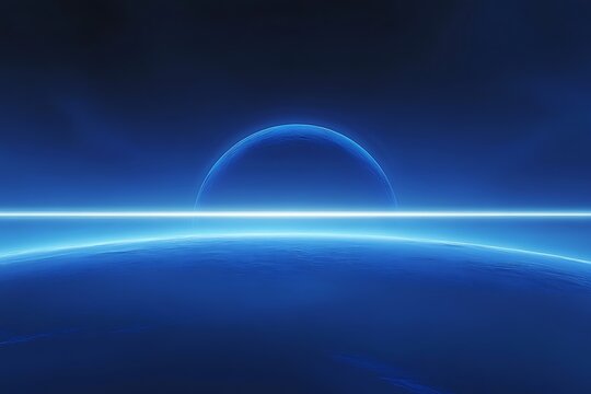 Abstract blue horizon with light and glowing sphere for backgrounds or creative projects