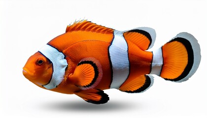 Orange clownfish with white and black stripes, isolated on clean white background, ideal for aquarium and marine illustrations.