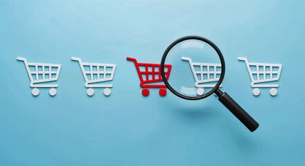 Magnifying Glass Highlighting Red Shopping Cart Among White Carts on Light Blue Background Representing Consumer Focus
