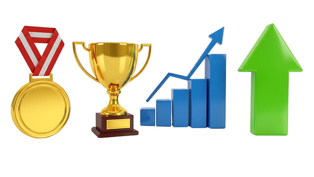 Golden trophy and medal representing achievement with upward trend graph and green arrow isolated on transparent background