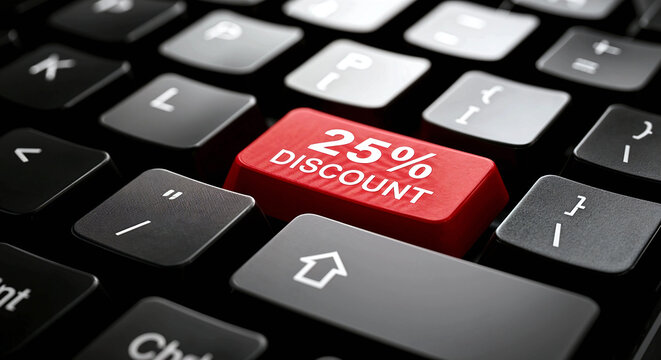 Keyboard Close-Up with Red “25% DISCOUNT” Key Among Black Keys Representing Online Shopping and Digital Sale Promotion
