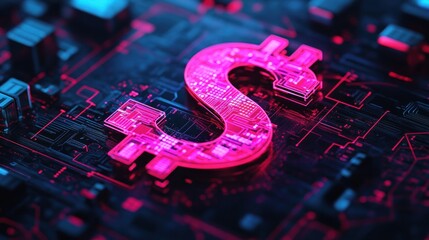 3D dollar sign on glowing circuit board