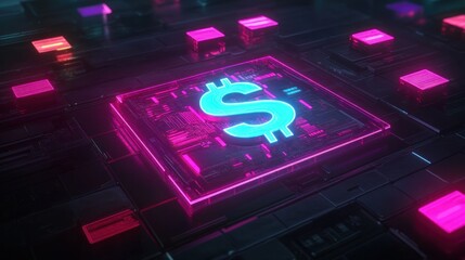 Neon dollar sign on glowing circuit board