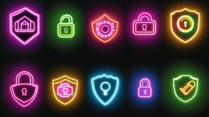 Neon shield and lock icons on black background
