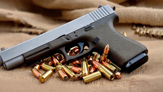 Gun with bullets on a textured surface showcasing firearm details and ammunition arrangement in a close-up view