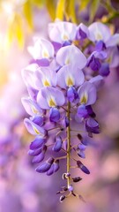 A close-up of a cascading purple and white floral blossom