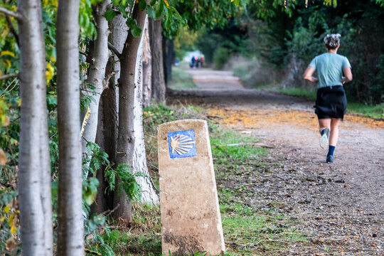 Pilgrims walking on the Camino de Santiago, Mansilla de las Mulas , Autonomous Community of Castile and Leon, Spain