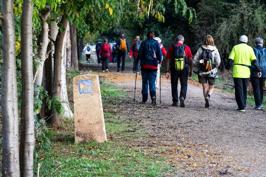 Pilgrims walking on the Camino de Santiago, Mansilla de las Mulas , Autonomous Community of Castile and Leon, Spain