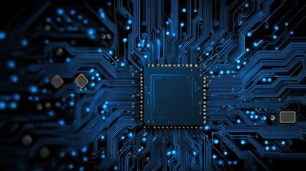 Electronic Microchip with Blue Circuit Board Technology Background